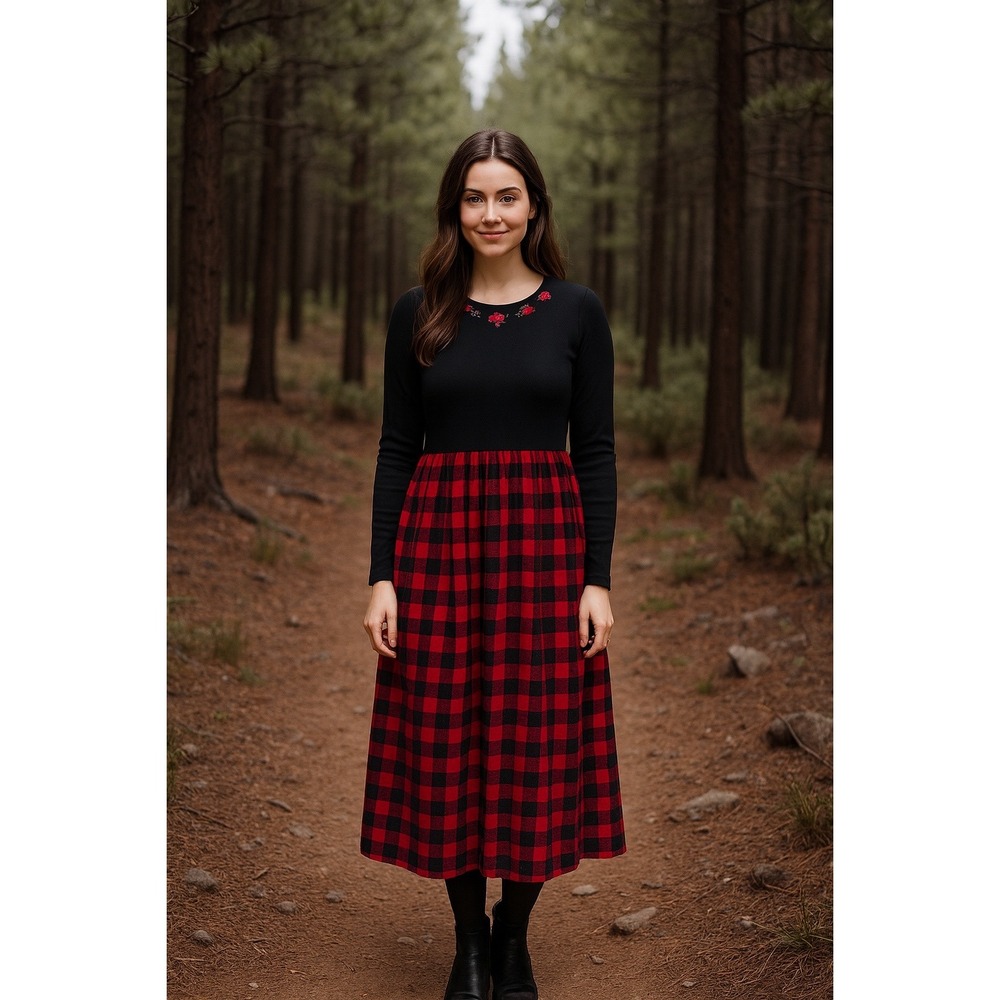 Storybook Heirlooms Vintage Plaid Long Sleeve Dress Roses Size‎ L Buffalo Check